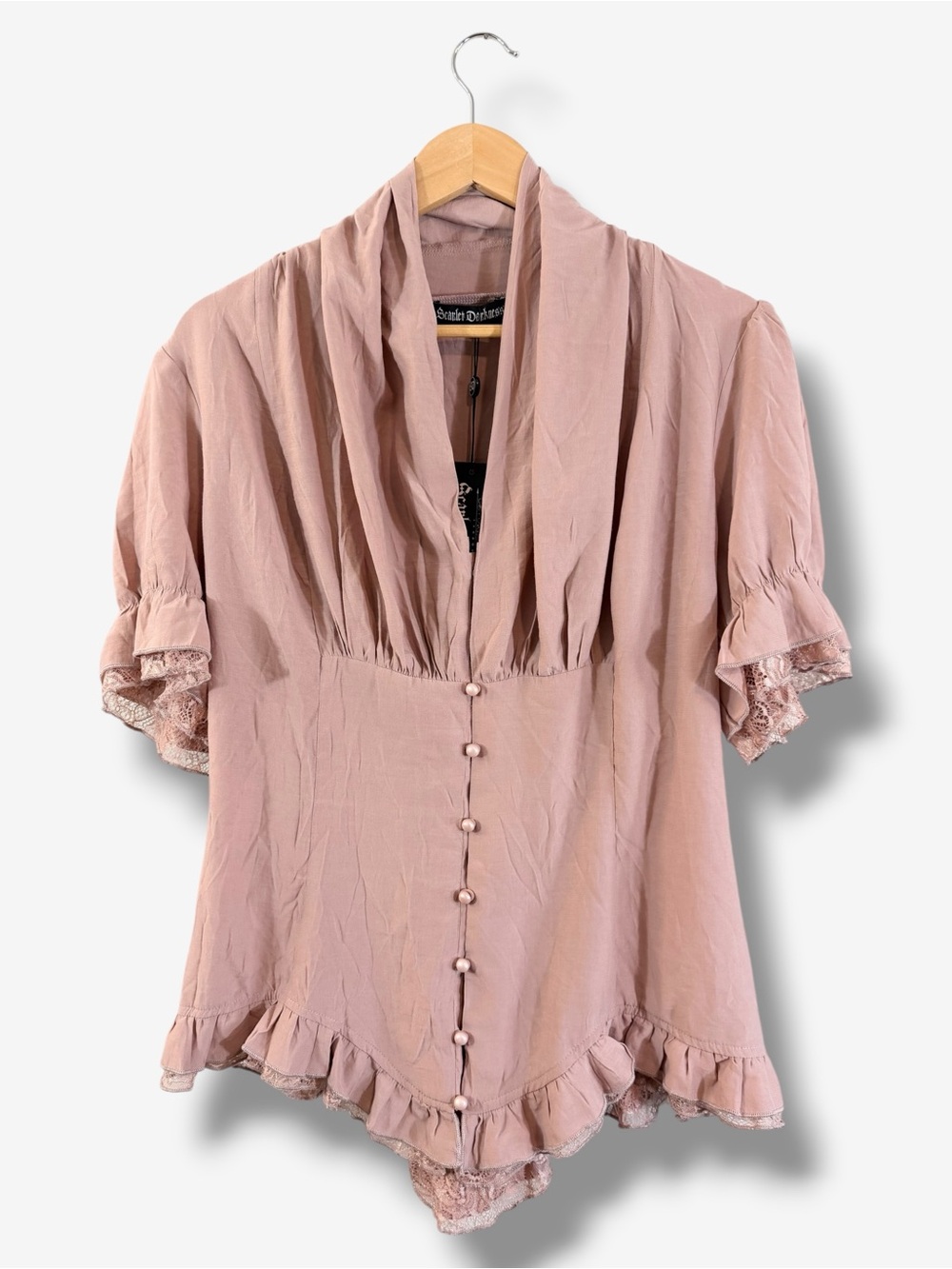 Scarlet Darkness Blush Pink Victorian Lace Up Corset Pleated Blouse 2XL